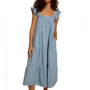 Nation Ltd Camille Midi Tiered Sundress Maxi Blue Stripe Side Pockets Sz Small